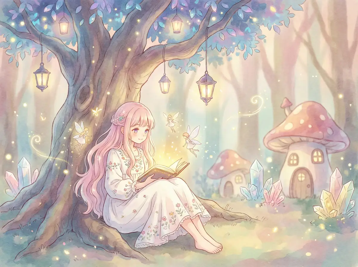 新烈火情挑 - 魔法森林中阅读故事书的粉发少女与精灵